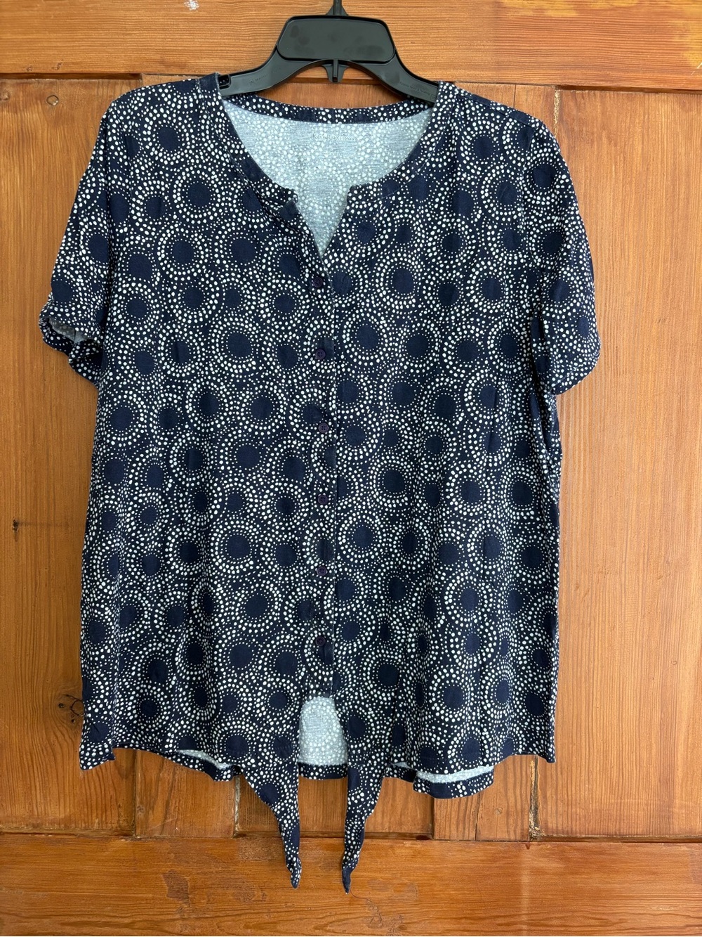 Kim Rogers Navy and White Dot Tie-Front Short Sleeve Top L